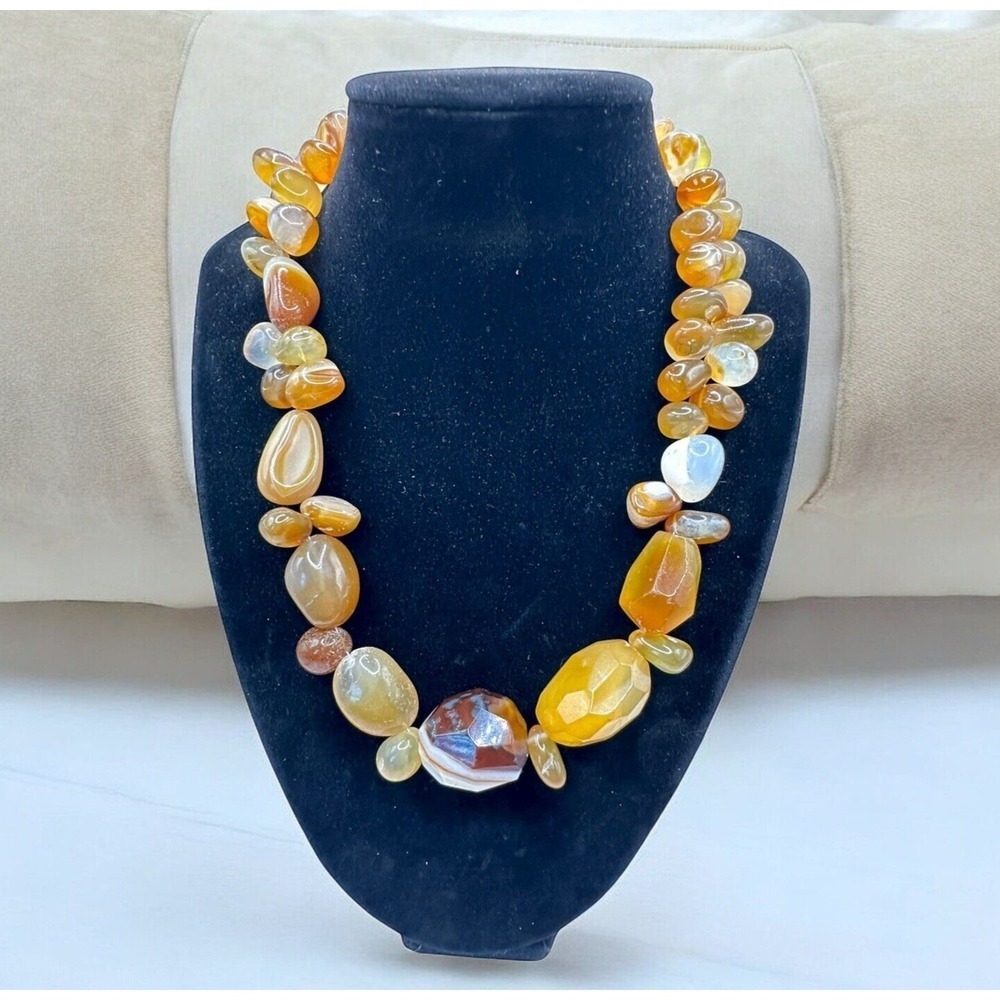 Vintage Agate Necklace Chunky Beads Banded Amber/Orange Color 18" 127g Statement